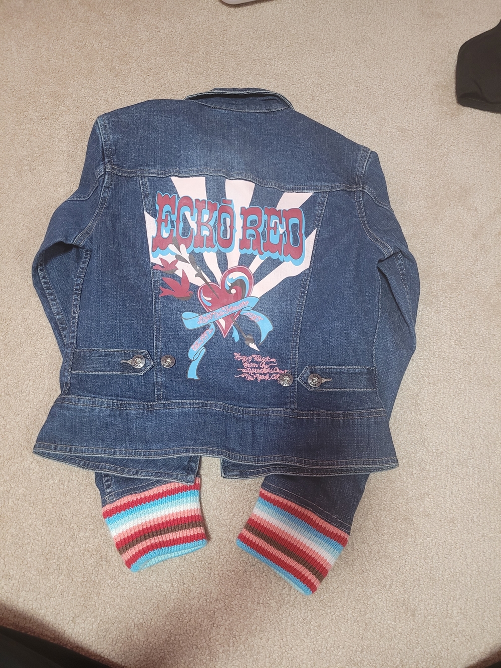 Vintage ECKO RED Denim Jacket with Red, Pink and Aqua Back Graphic